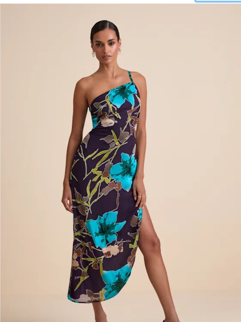 Lulu's One-Shoulder Teal & Plum Floral Midi Dress